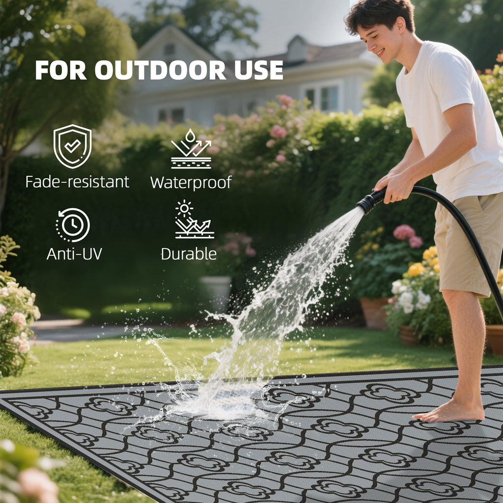 Reversible Outdoor Rug, Waterproof Plastic Straw With Carry Bag, 9 X 18, Black & Gray Lantern