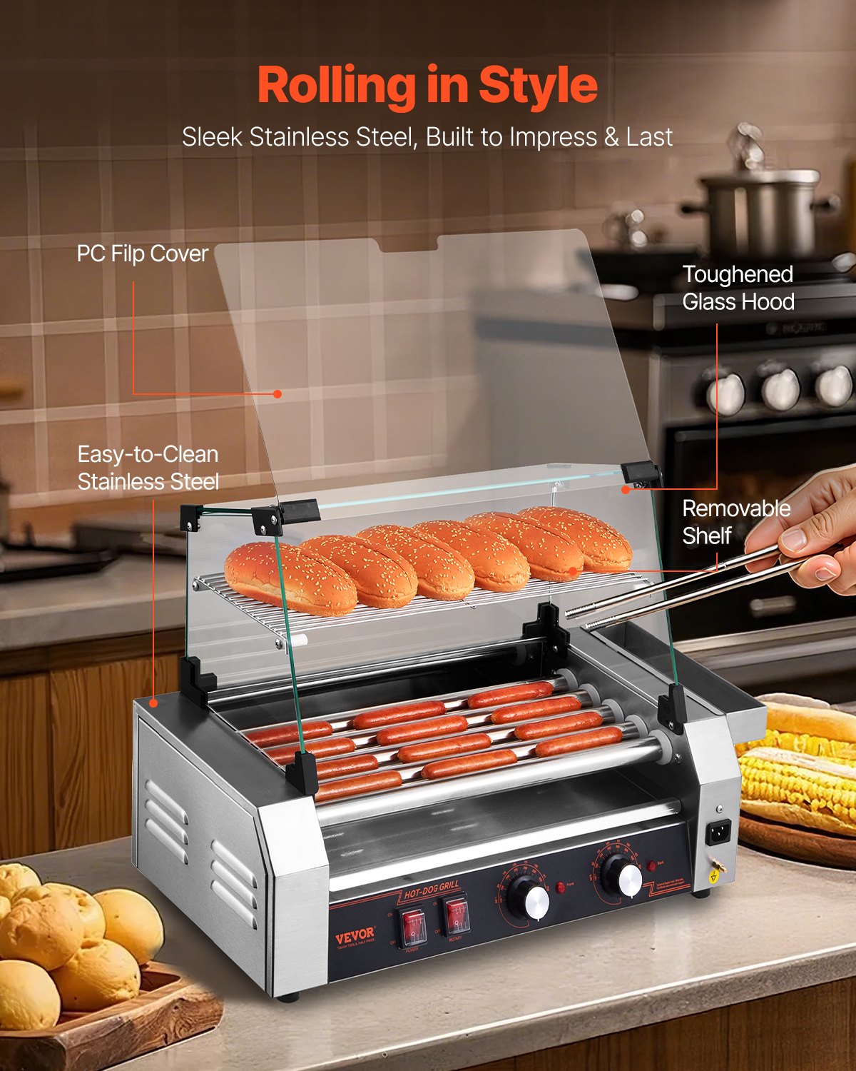 Electric 12 Hot Dog 5 Roller Commercial Grill Cooker Machine Cover 750W