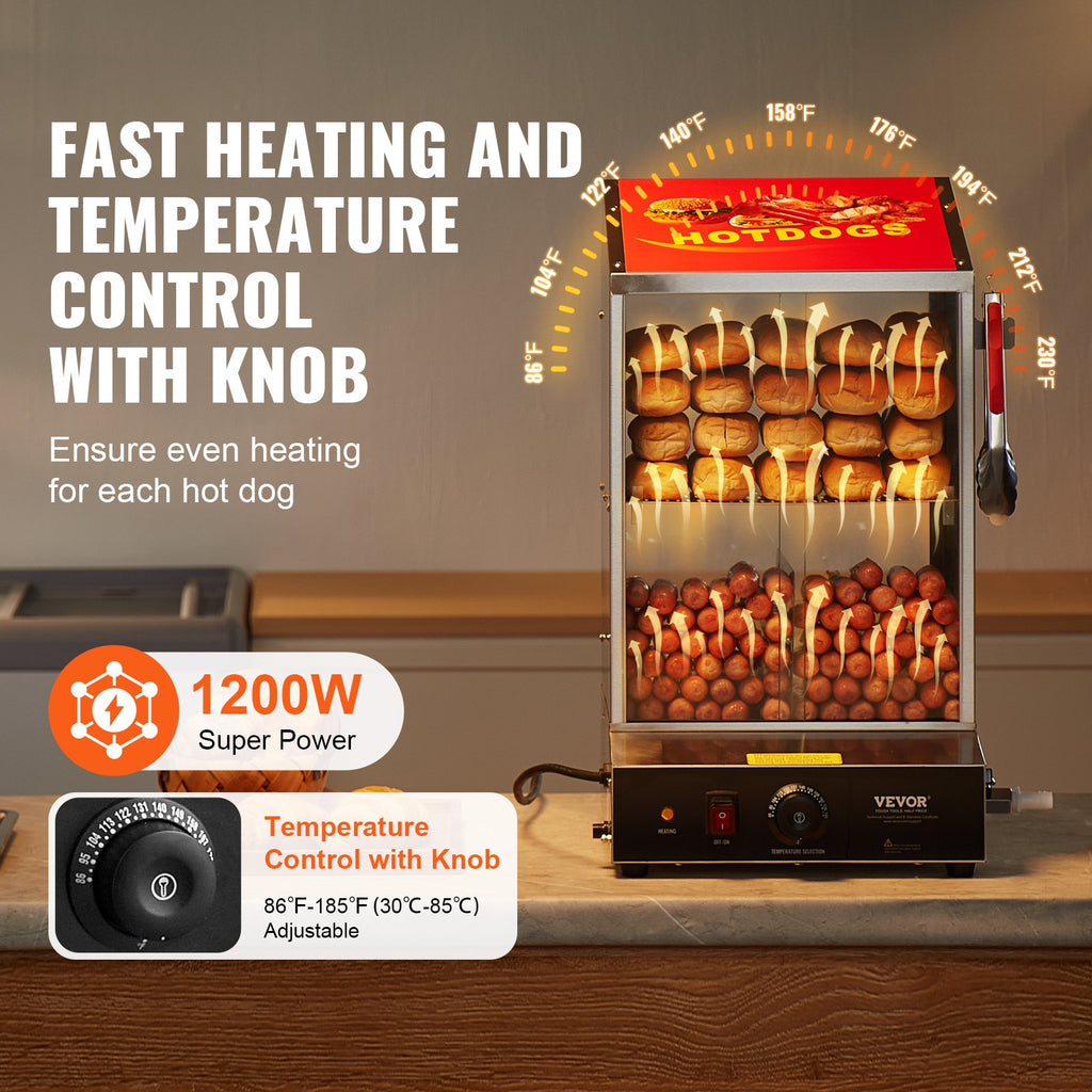 Commercial Hot Dog Steamer 2-Tier Electric Bun Warmer 39QT Slide Doors