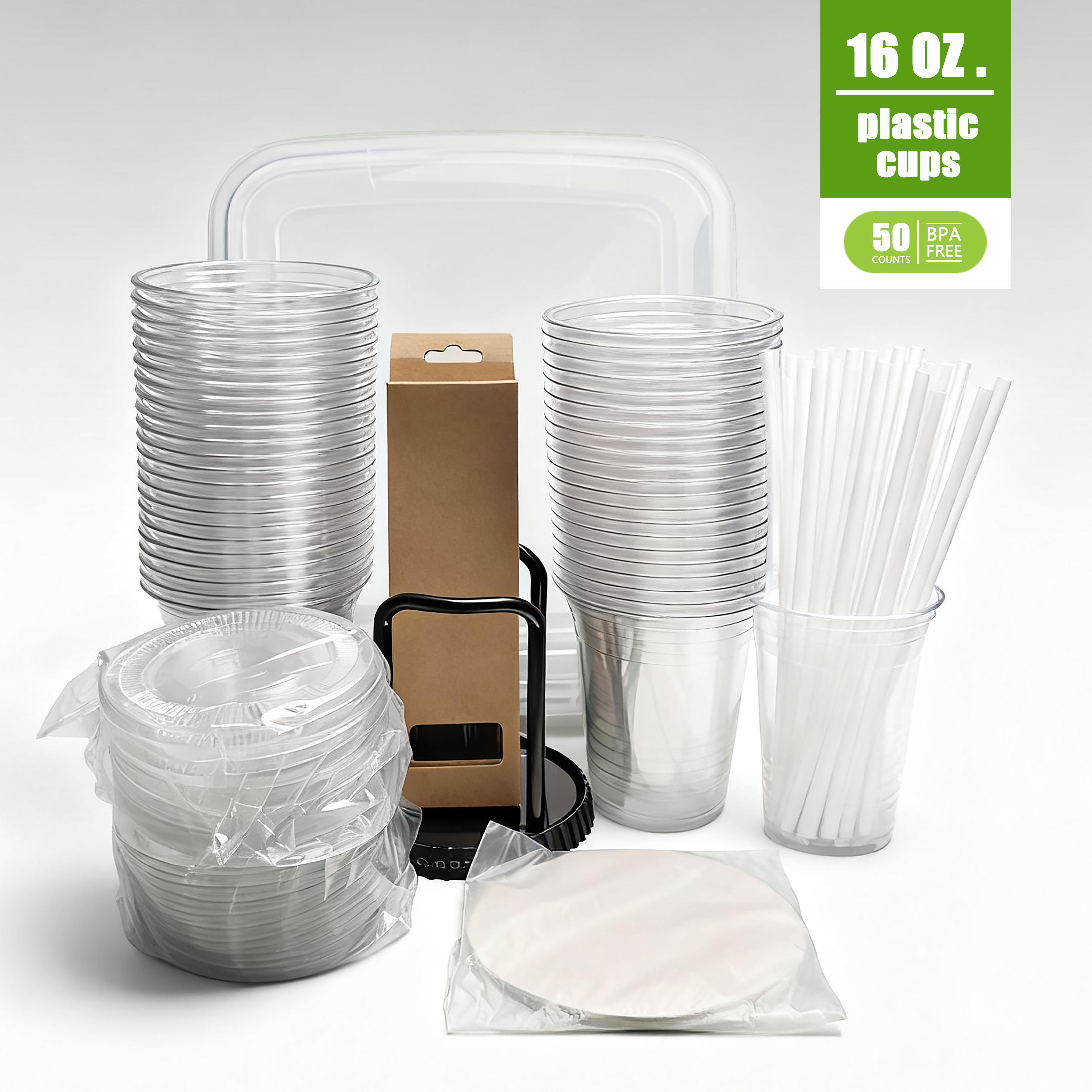 50Pack 16oz Disposable Cups COMPLETE KIT With Lids  Straws Includes 15Quart Storage Bin, Glass Straws  Dispenser Rack  For Wedding, Catering, Party  Coffee Events