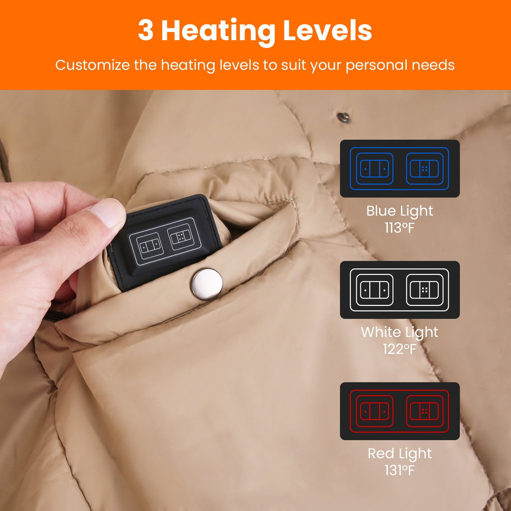 USB Heated Blanket Electric Heated Poncho Shawl Wrap Throw With Zipper Arm Holes Pocket 3 Heating Levels 6 Zones 5V 2A Machine Washable For Home Office Outdoor