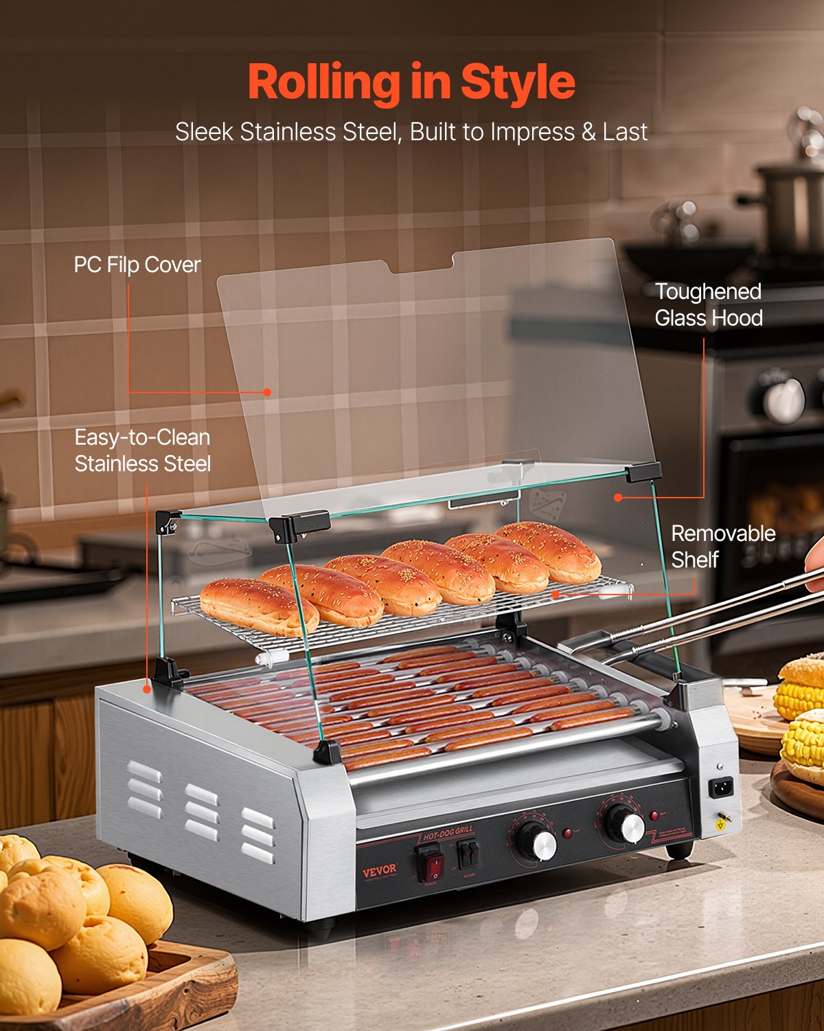 Electric 30 Hot Dog 11 Roller Commercial Grill Cooker Machine Cover 1600W