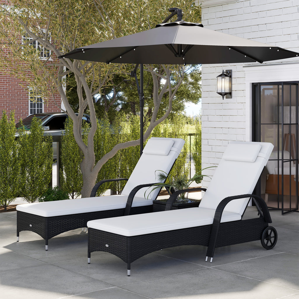 3 Piece Outdoor Loungers With Armrests Cushion Wicker Lounge Chair Set Headrest  Side Table  Wheel  Black