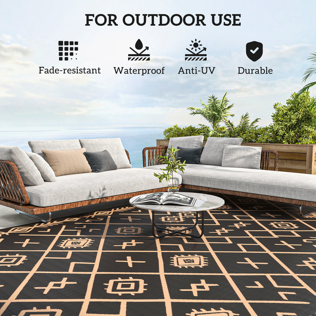 Reversible Outdoor Rug, Waterproof Plastic Straw With Carry Bag, 9 X 18, Black & Brown Rhombus