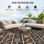 Reversible Outdoor Rug, Waterproof Plastic Straw With Carry Bag, 9 X 18, Black & Brown Rhombus