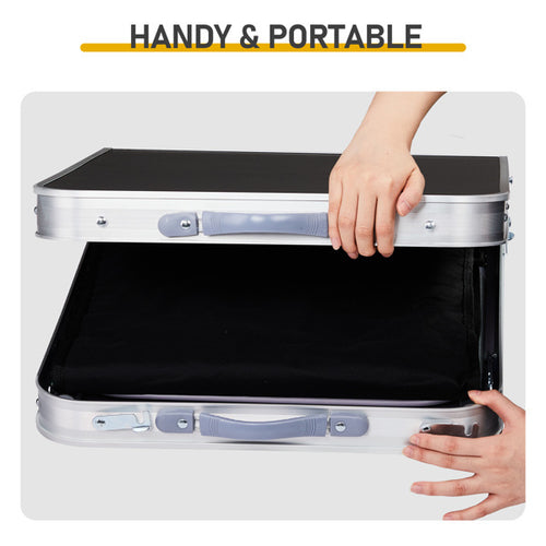 4ft 47cm Wide Black Outdoor Folding Table, Aluminum Alloy Rectangular, Two-fold Tabletop With Black Fabric Cupboard, 3 Height Adjustments.
