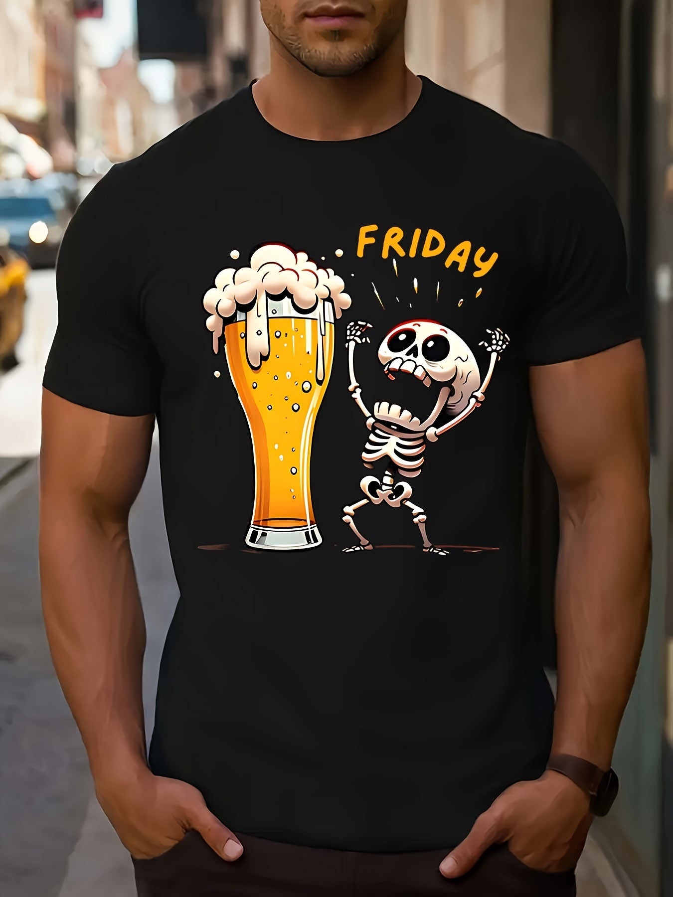 Friday Skull Print Fashion T-shirt, Round Neck Short Sleeved Top, Patterned T-shirt For Men's Summer Clothing, Men's Matching
