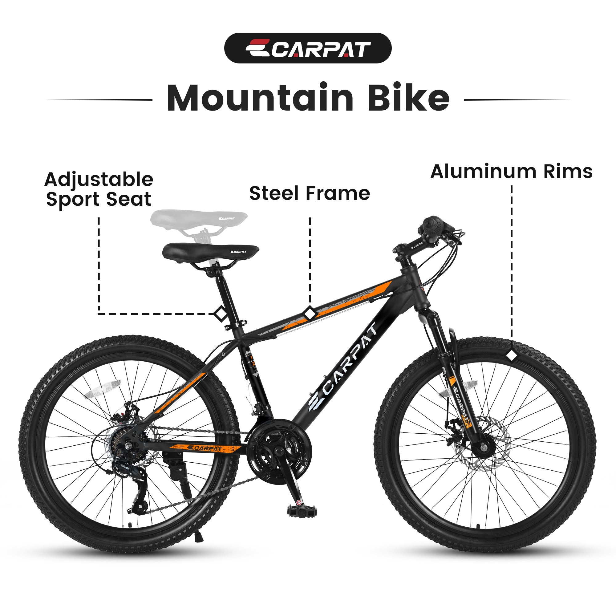 ECARPAT Mountain Bike - 21 Speed Bicycle S26102-BLACK-ORANGE