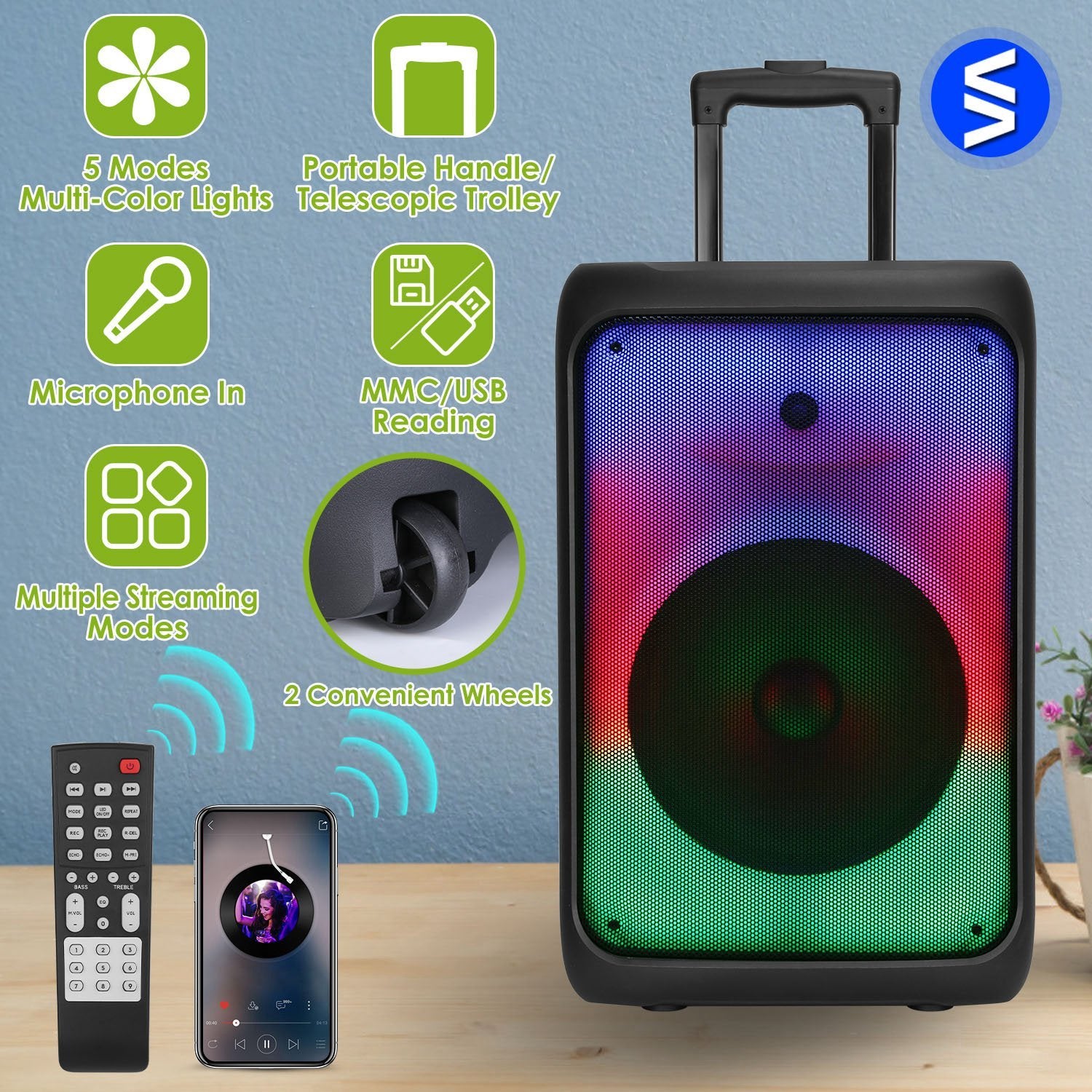 Big Discount 1Pc Portable Wireless Party Speaker Party Speaker With With 5 Colorful Lighting Modes TWS FM USB MMC Slot Aux In Recording Mic Priority Trolley Handle 2 Wheels Remote Control