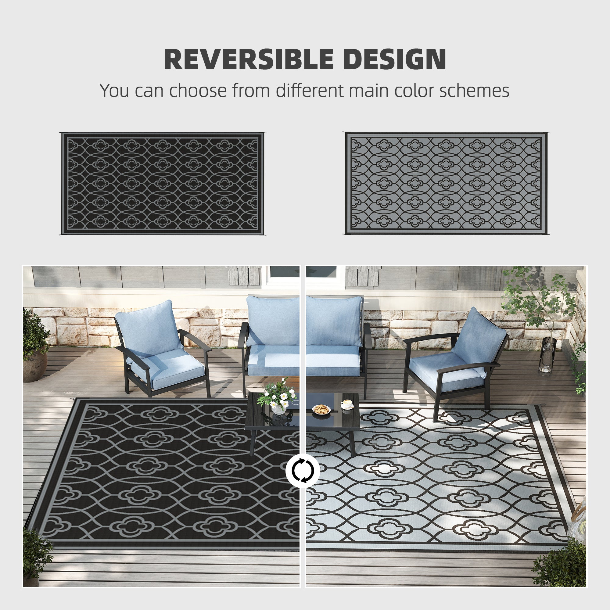Reversible Outdoor Rug, Waterproof Plastic Straw With Carry Bag, 9 X 18, Black & Gray Lantern