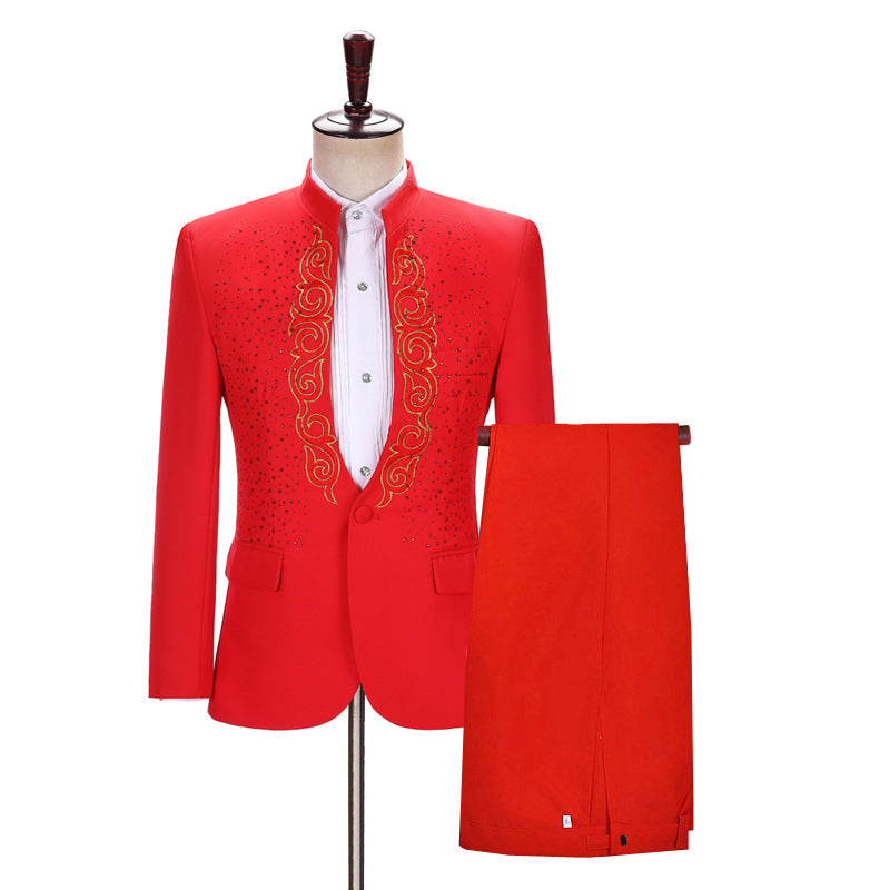 Men's Hot Flower Hot Rhinestone Stand Collar Suit