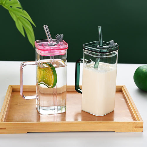 1 Pcs Transparent Glass Straw Cup, 6 Colors Square Glass Cup With Straw And Lid, High Borosilicate Glass Cup, Milk Cup, Juice Cup, Cold Drink Cup, Coffee Cup, Tea Cup, Office Cup, Gift Cup