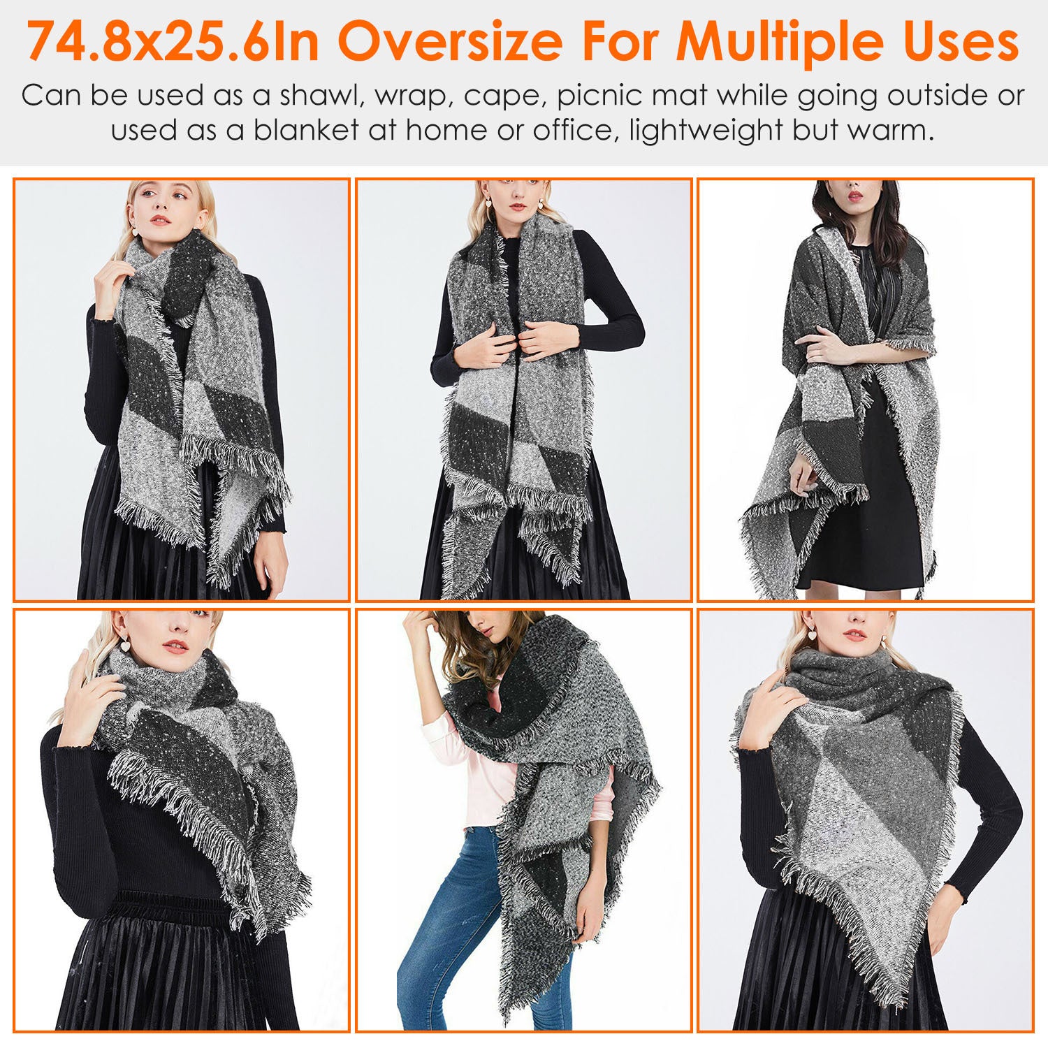 1Pc Women Winter Warm Scarf 74.8x25.6In Long Soft Knitted Shawl Extra Thick Plaid Blanket Wrap Cape