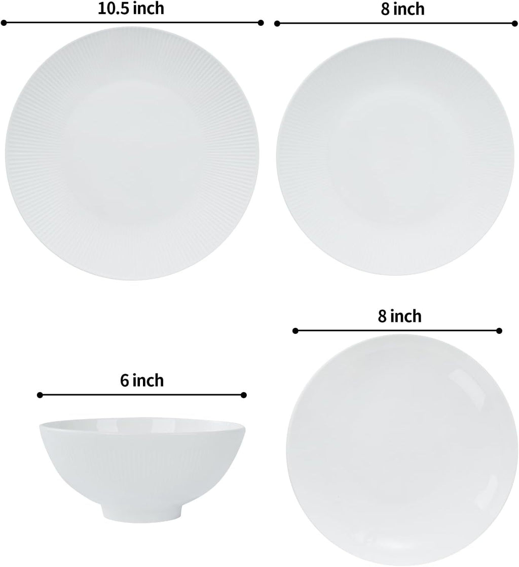 Dandilion Bone China Dinnerware Set, 16 Pieces, Service For 4, Plates, Dishes, Bowls Set, Microwave And Dishwasher Safe, Ivory White With Radial Lines
