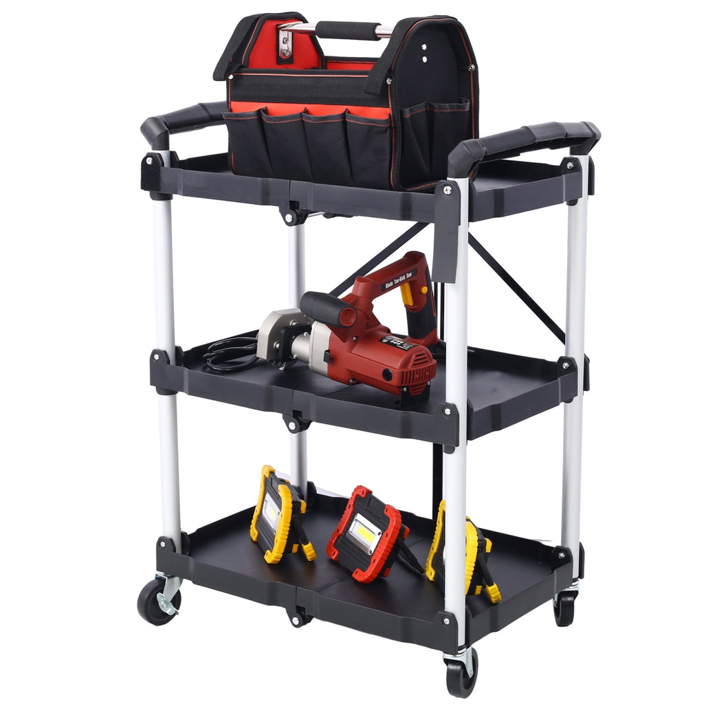 Outdoor Folding 3-Layer Folding Collapsible Service Cart, Black, 50 Lb Capacity