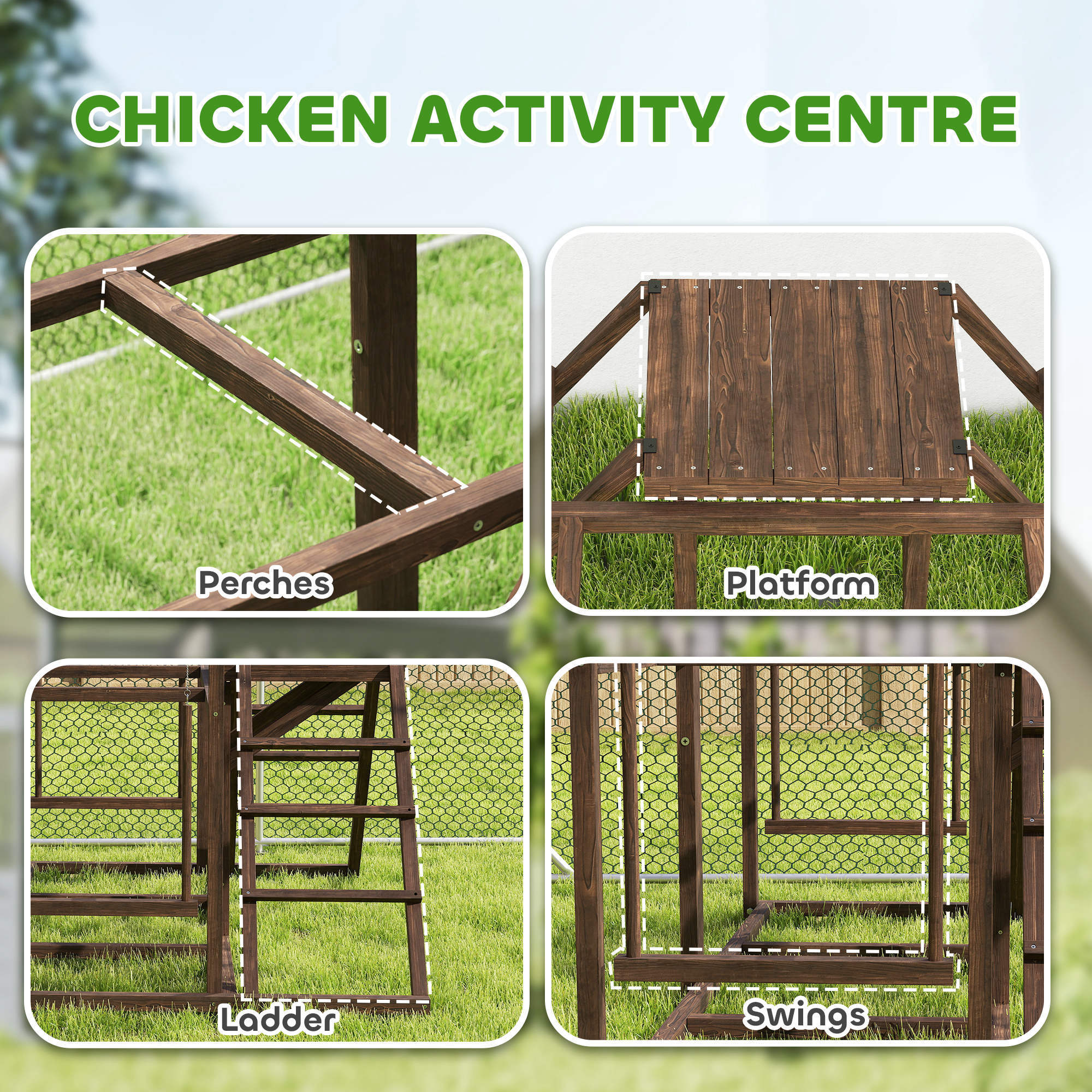 Chicken Activity Play Set With Multiple Chicken Perches, Swing, Ladder, Platform For 3-4 Chickens, Coffee Color