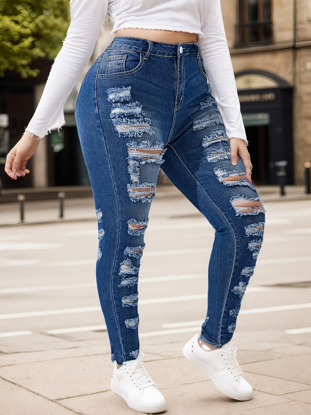 New Women's Fashionable Casual Jeans, Tight Fitting Ripped Jeans, High Waisted Jeans