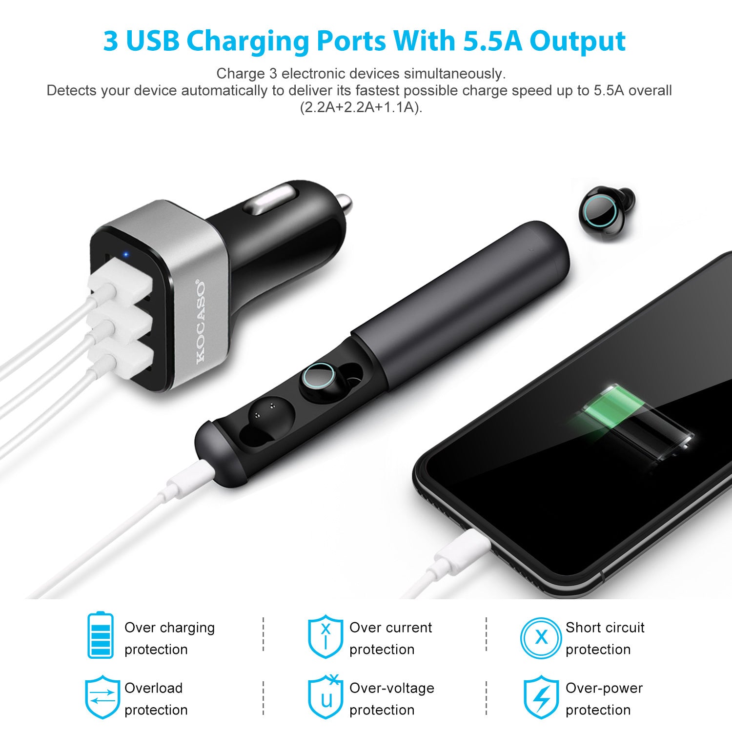 Car Charger 1Pc 3Port USB Car Charger 30W 5.5A For IOS Phone 16 15 14 And More