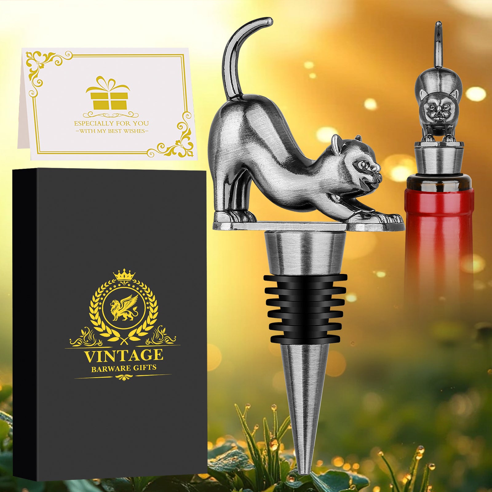 Elegant Upturned Cat Shaped Red Wine Stopper Set With Metallic Luster Bottle Stopper Gift Box, High-end Accessories For Wine Enthusiasts, A Must-have Set For Wine Collectors