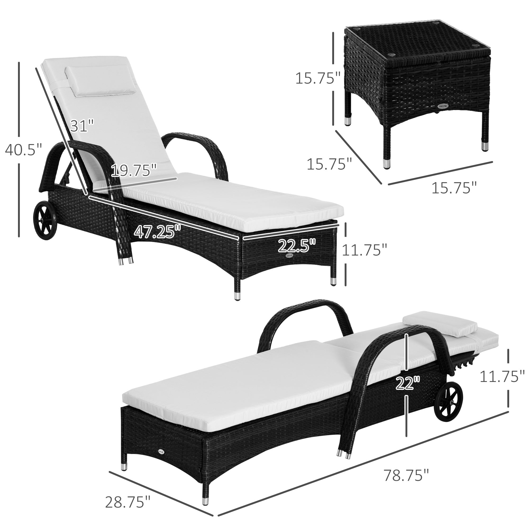 3 Piece Outdoor Loungers With Armrests Cushion Wicker Lounge Chair Set Headrest  Side Table  Wheel  Black