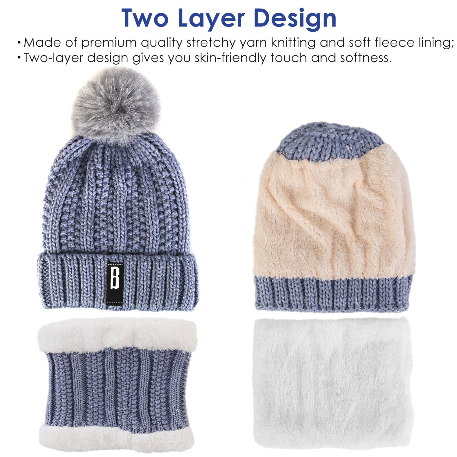 1Set Winter Beanie Hat Scarf Set Women Warm Knitting Skull Cap Neck Warmer For Walking Running Hiking Camping Outdoors Gift