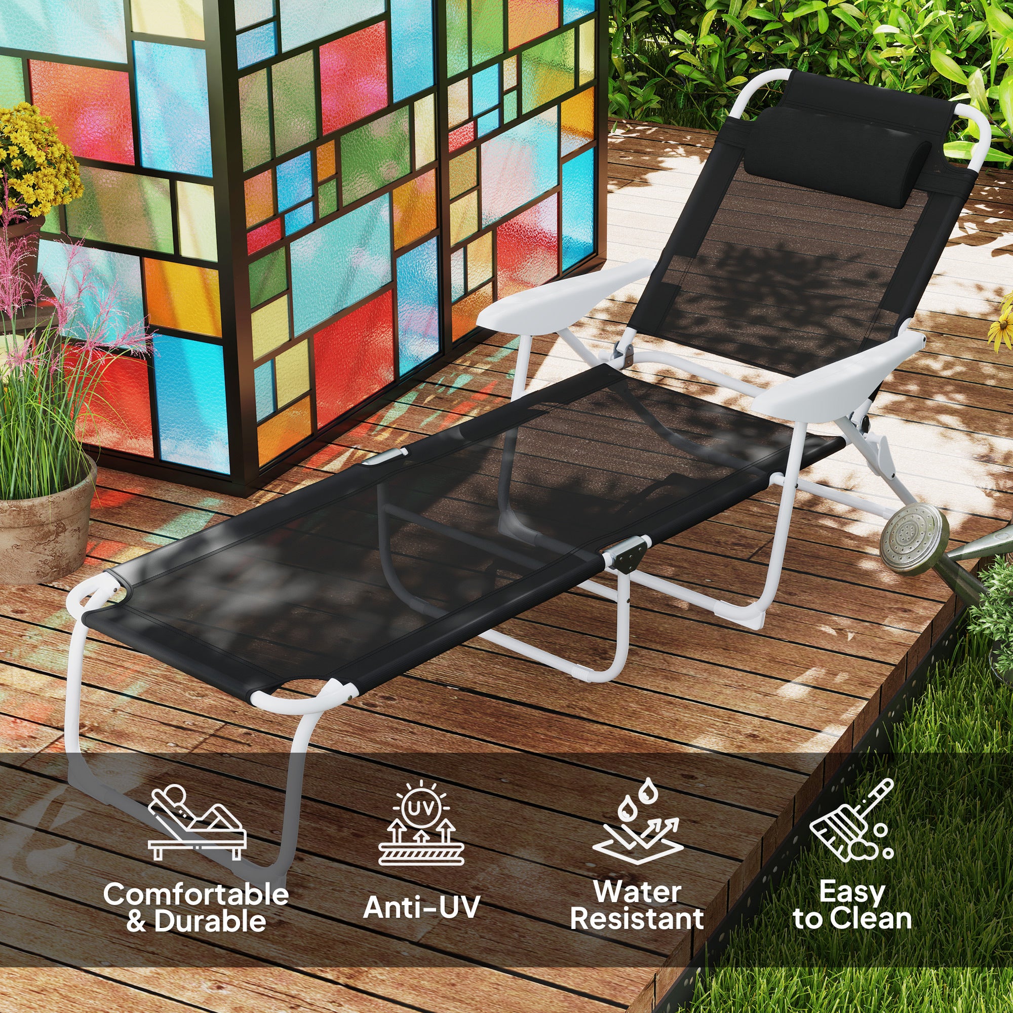 Outdoor Sun Tanning Chair, Folding Chaise Lounge, 4-Position Reclining Back, Armrests, Removable Pillow, Black