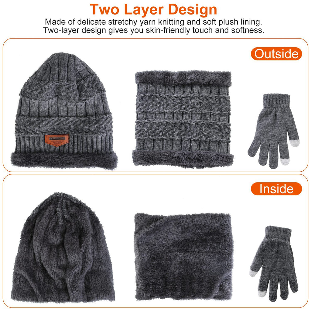 3Pcs Winter Knitted Hat Scarf Gloves Winter Warm Beanie And Touch Screen Gloves Scarf Set Knit Beanie Skull Cap Neck Warmer Mittens For Men Women