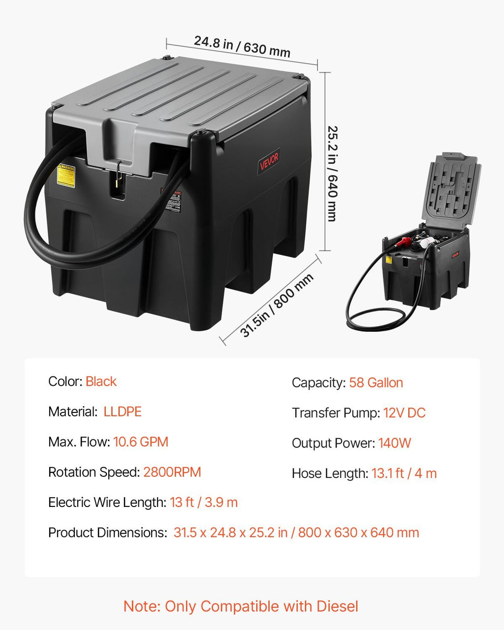 Portable Tank 58 Gal Fuel Tank With 12V Transfer 10 GPM Black
