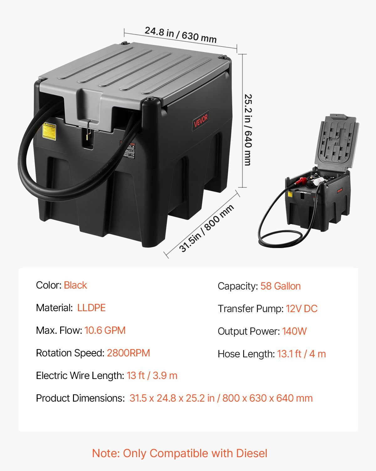 Portable Tank 58 Gal Fuel Tank With 12V Transfer 10 GPM Black