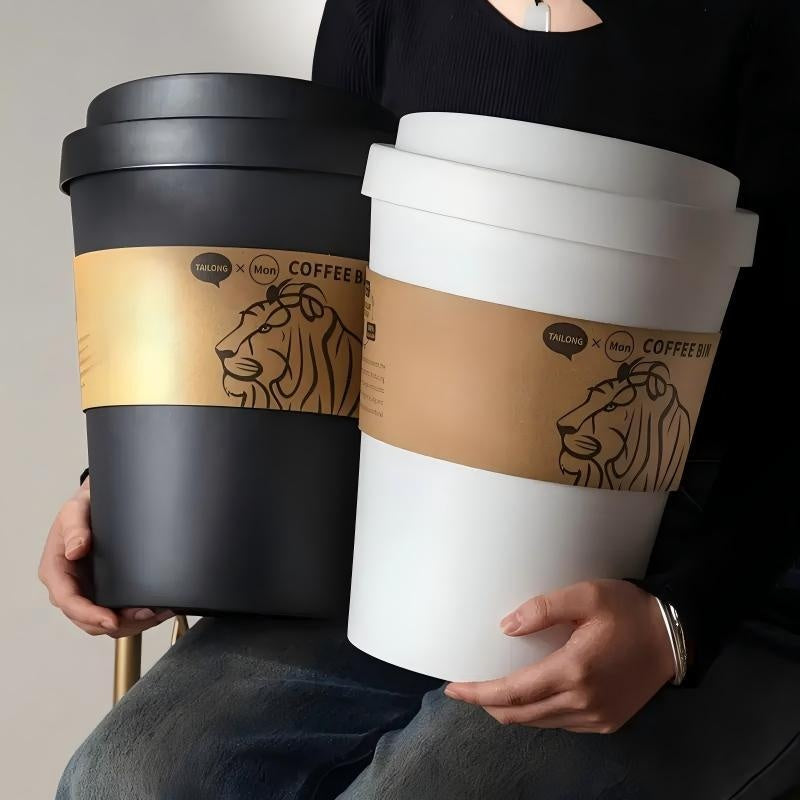 Deodorizing Trash Can 2025 New Elegant Lion Theme Coffee Cup Trash Can Deodorizing Push-On Lid Black And White Odor Resistance High Aesthetic Large Capacity