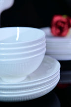 Dandilion Bone China Dinnerware Set, 16 Pieces, Service For 4, Plates, Dishes, Bowls Set, Microwave And Dishwasher Safe, Ivory White With Radial Lines