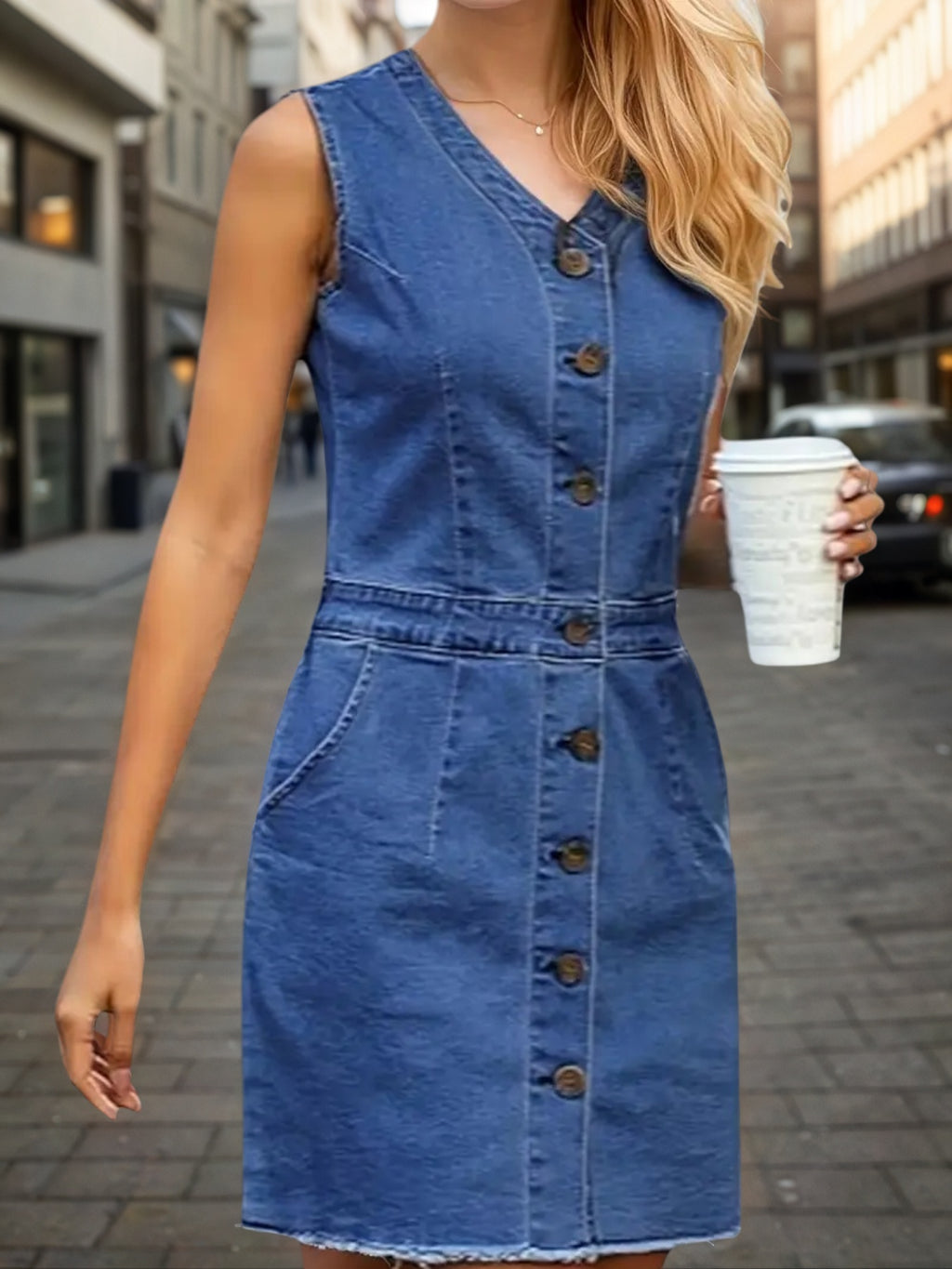 Women's Fashion Trend Sleeveless Dress, V-neck Design - Button Detail Frayed Hem Denim Skirt