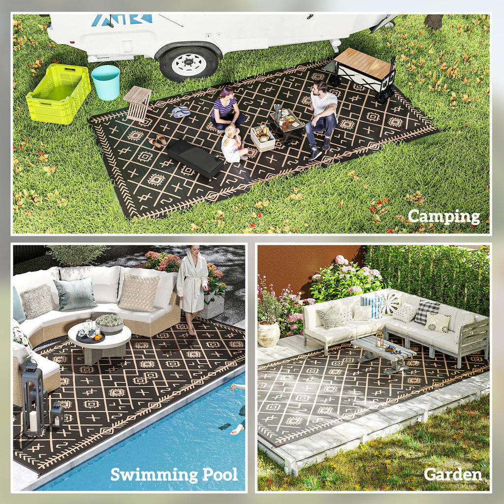 Reversible Outdoor Rug, Waterproof Plastic Straw With Carry Bag, 9 X 18, Black & Brown Rhombus