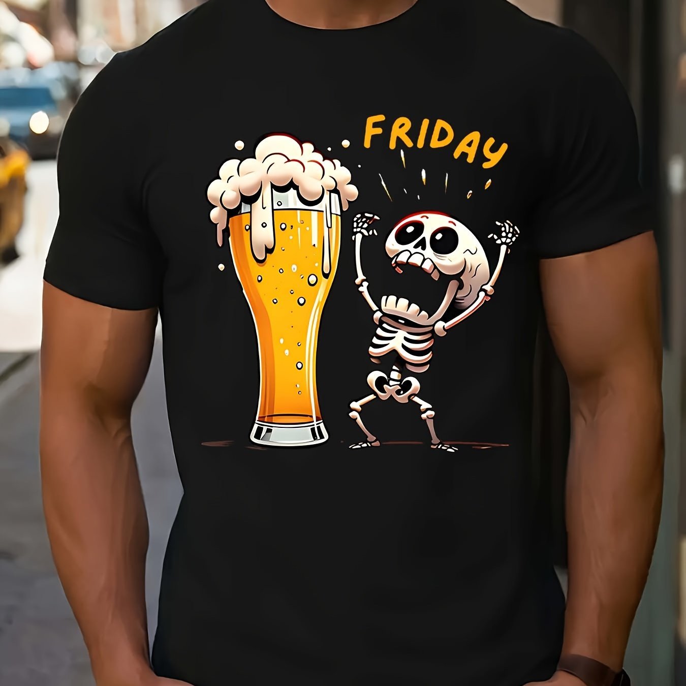 Friday Skull Print Fashion T-shirt, Round Neck Short Sleeved Top, Patterned T-shirt For Men's Summer Clothing, Men's Matching