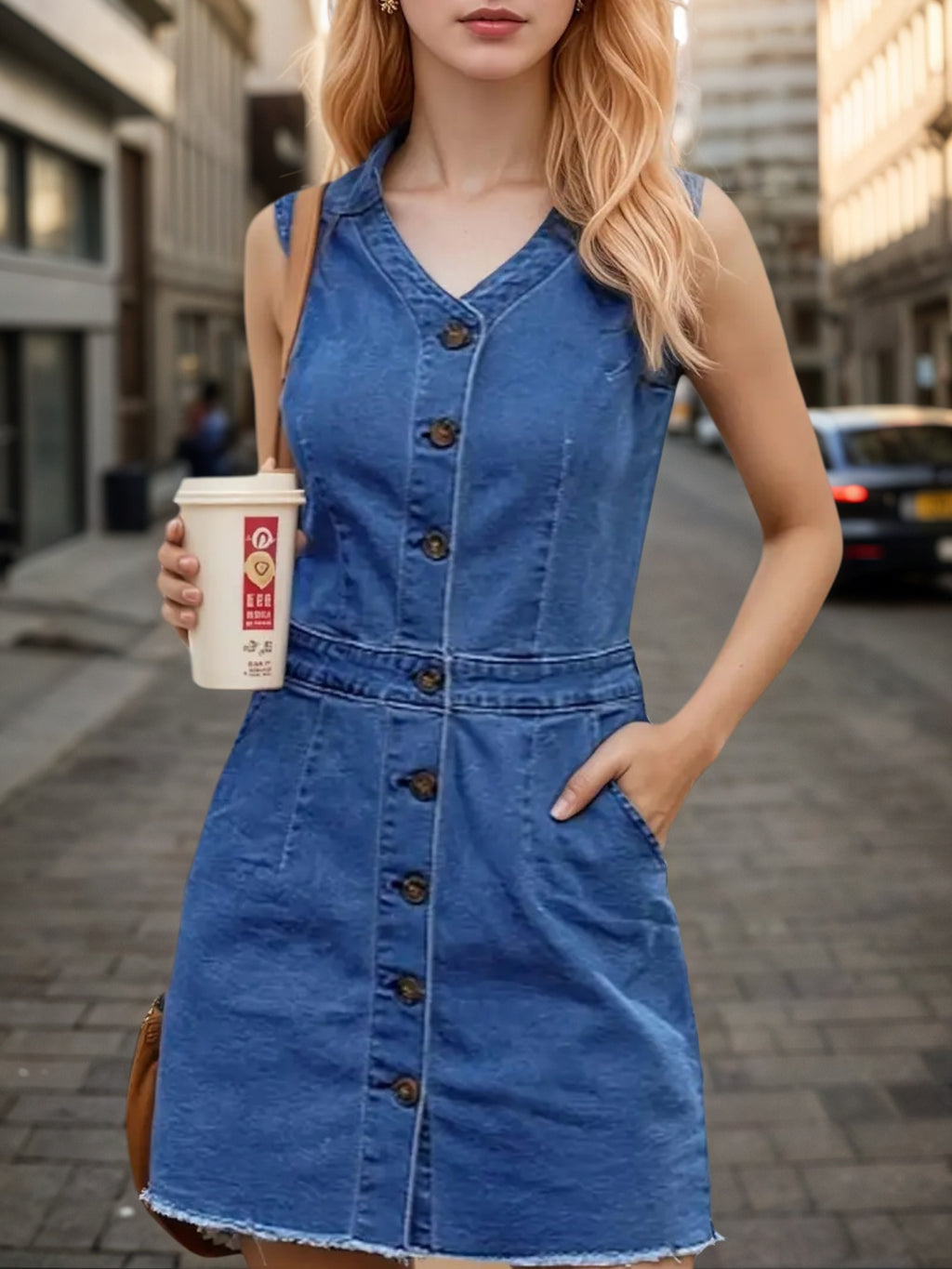 Women's Fashion Trend Sleeveless Dress, V-neck Design - Button Detail Frayed Hem Denim Skirt