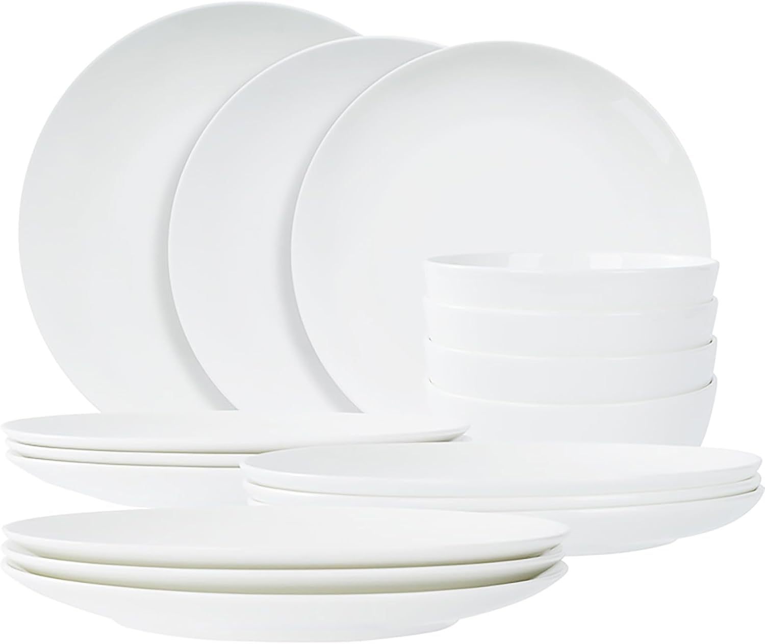 Jasmine Bone China Dinnerware Set, 16 Pieces, Service For 4, White Plates, Dishes, Bowls Set, Microwave And Dishwasher Safe