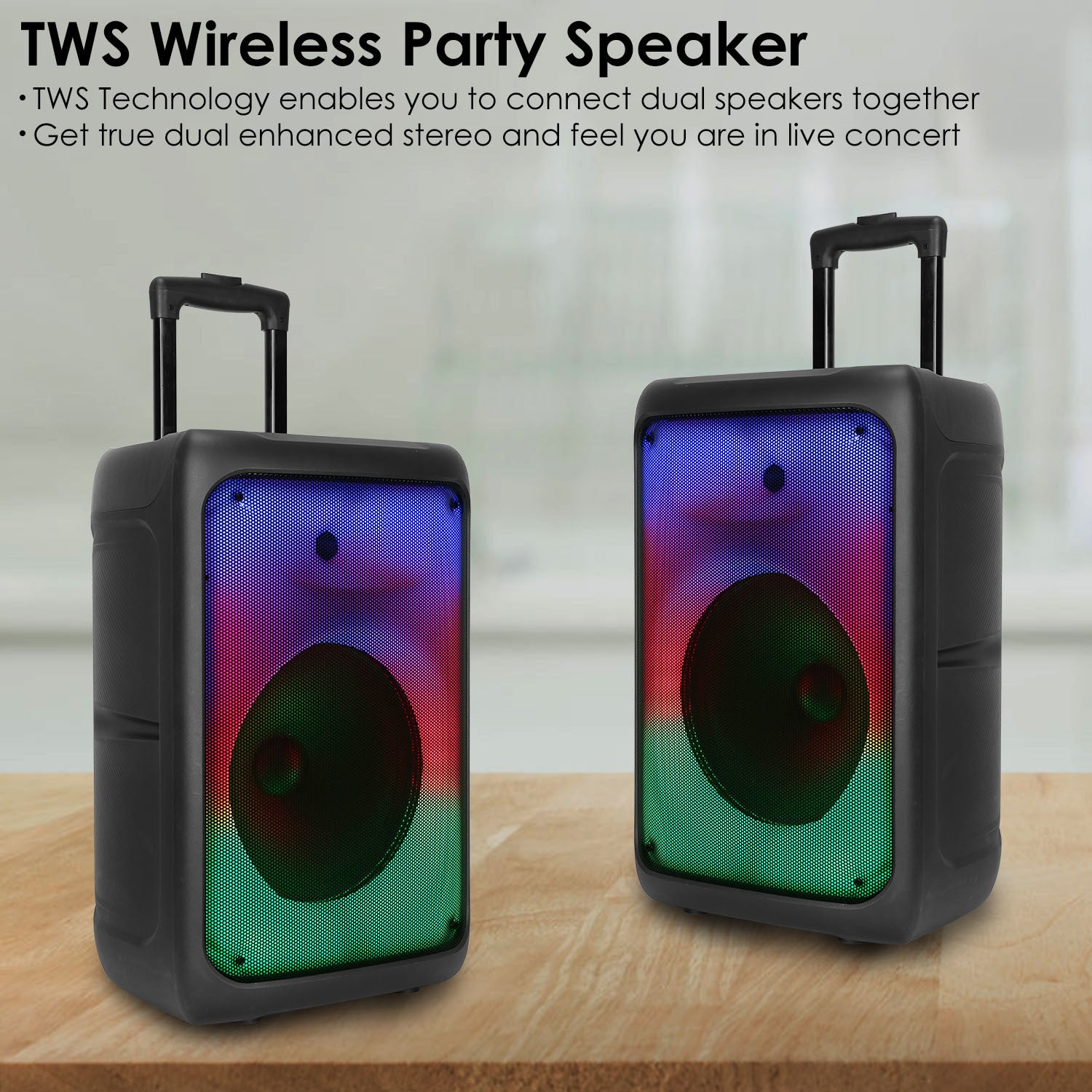 Big Discount 1Pc Portable Wireless Party Speaker Party Speaker With With 5 Colorful Lighting Modes TWS FM USB MMC Slot Aux In Recording Mic Priority Trolley Handle 2 Wheels Remote Control