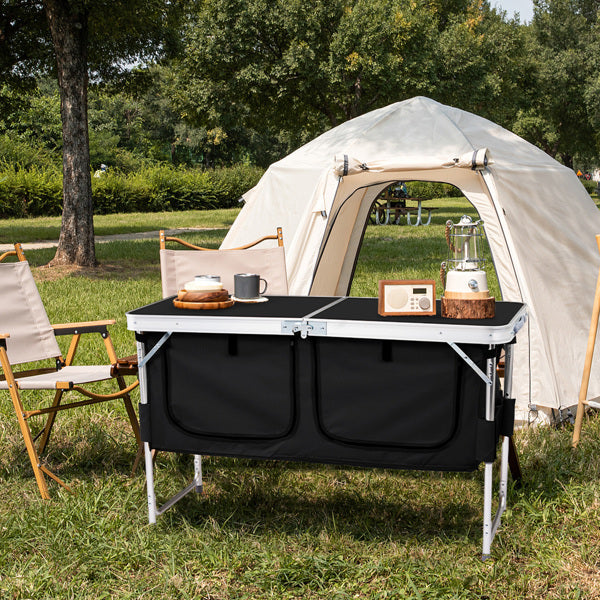 4ft 47cm Wide Black Outdoor Folding Table, Aluminum Alloy Rectangular, Two-fold Tabletop With Black Fabric Cupboard, 3 Height Adjustments.
